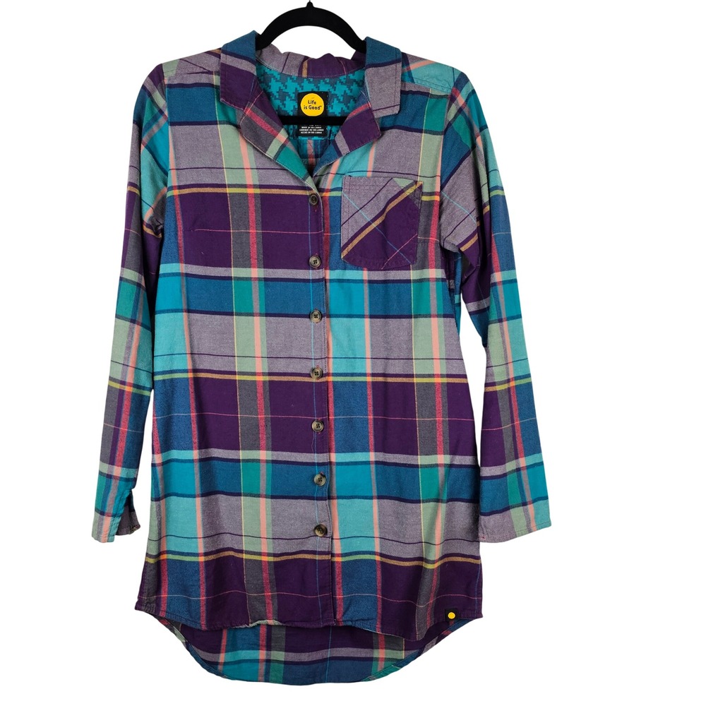 Life is Good‎ Women's XS Flannel Sleep Shirt Purple Teal Plaid Cotton Nightshirt